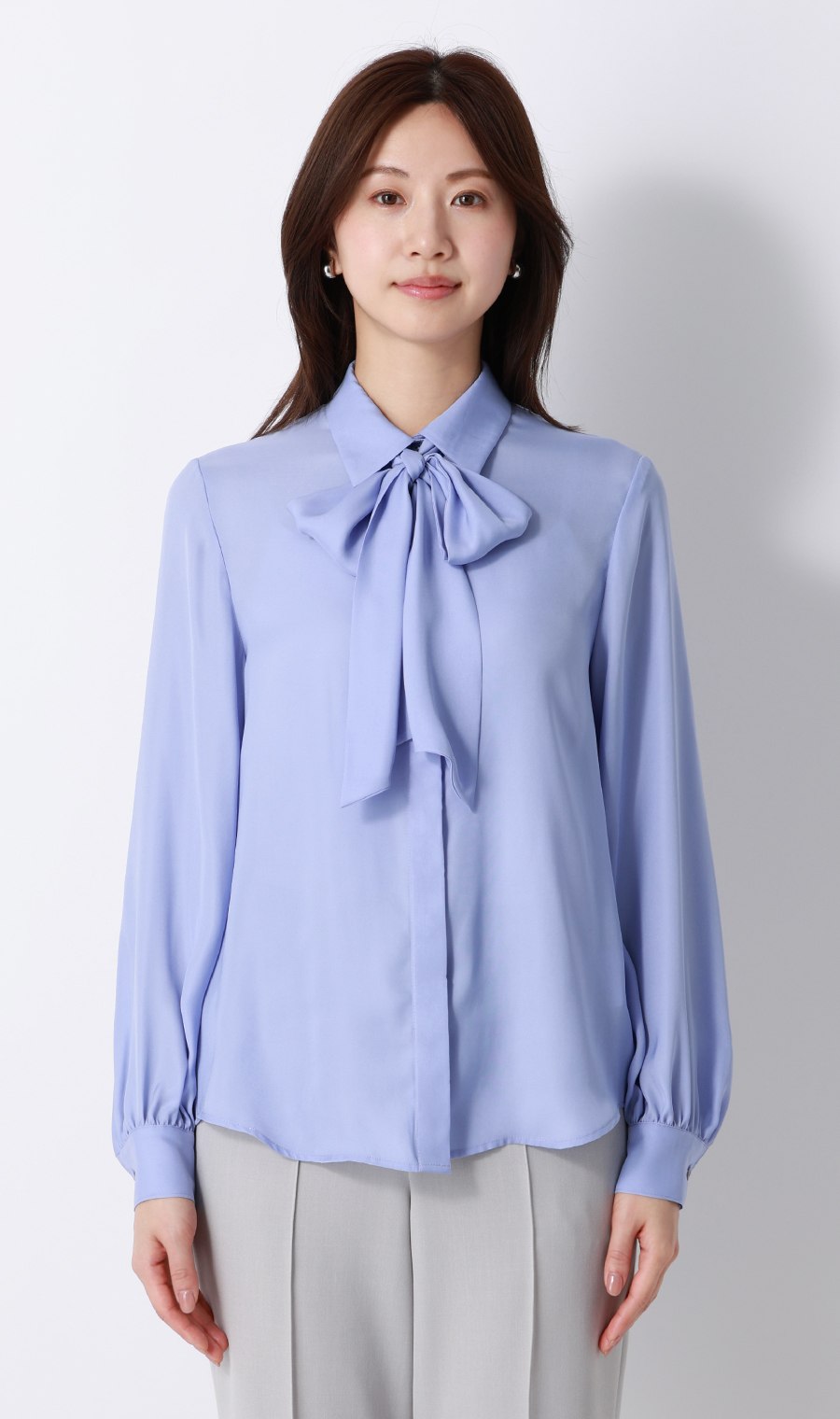 ボウタイ付きとろみシャツ【長袖】【2WAY】 サックス M