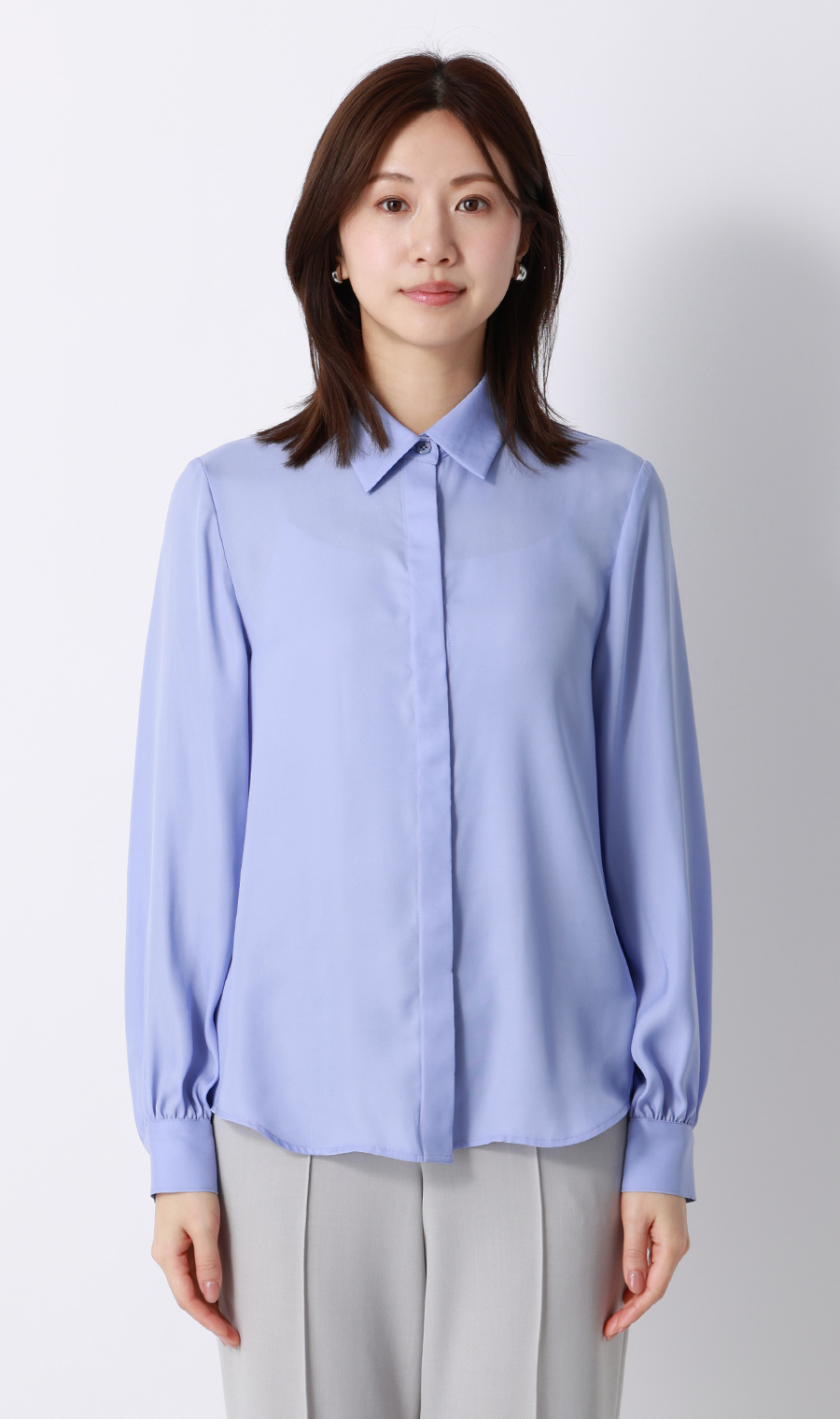 ボウタイ付きとろみシャツ【長袖】【2WAY】 サックス M