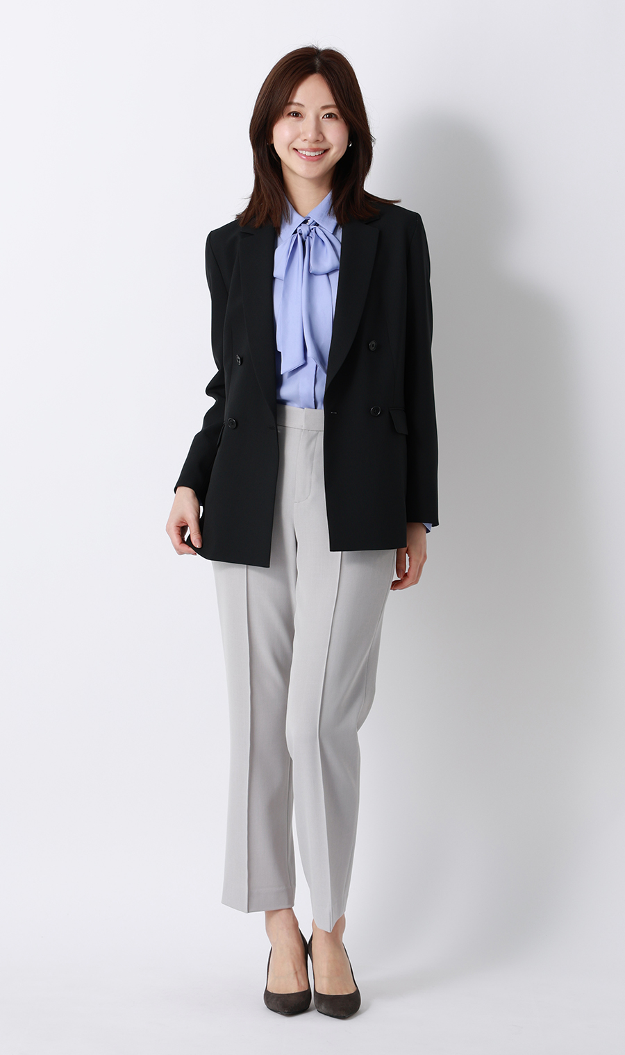 ボウタイ付きとろみシャツ【長袖】【2WAY】 サックス M