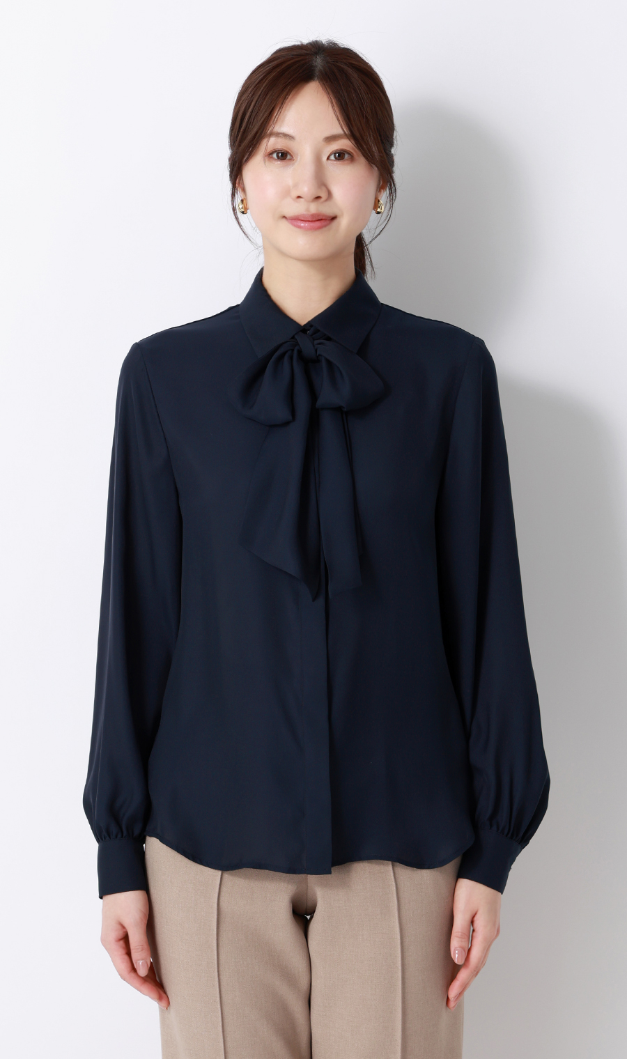 ボウタイ付きとろみシャツ【長袖】【2WAY】 ネイビー M