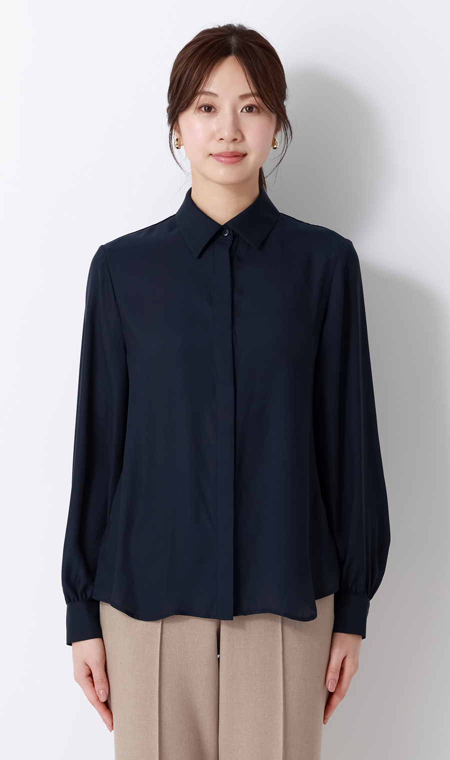 ボウタイ付きとろみシャツ【長袖】【2WAY】 ネイビー M