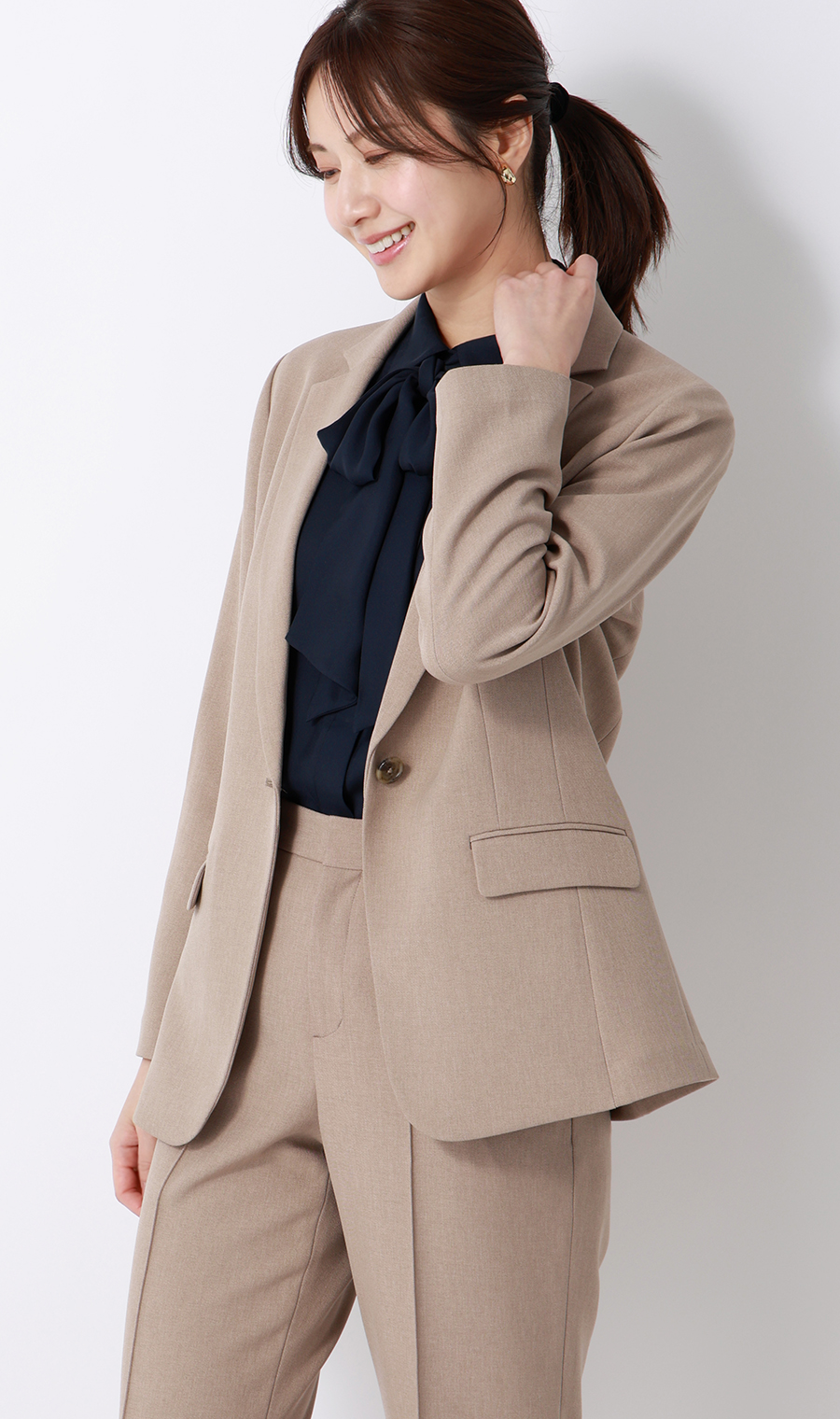 ボウタイ付きとろみシャツ【長袖】【2WAY】 ネイビー M