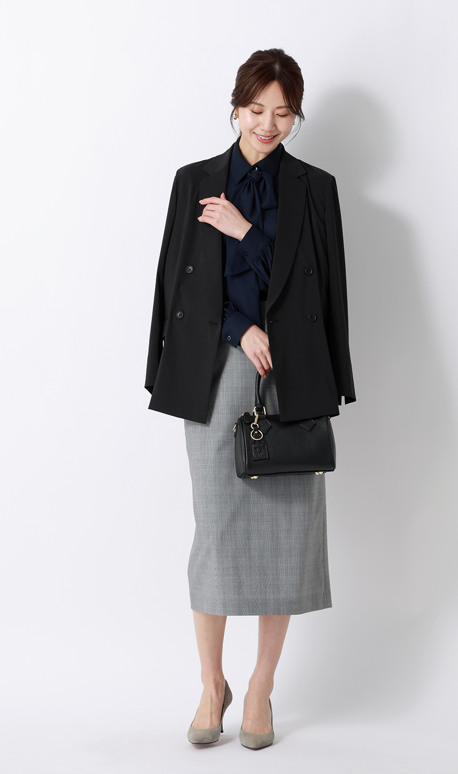 ボウタイ付きとろみシャツ【長袖】【2WAY】 ネイビー M