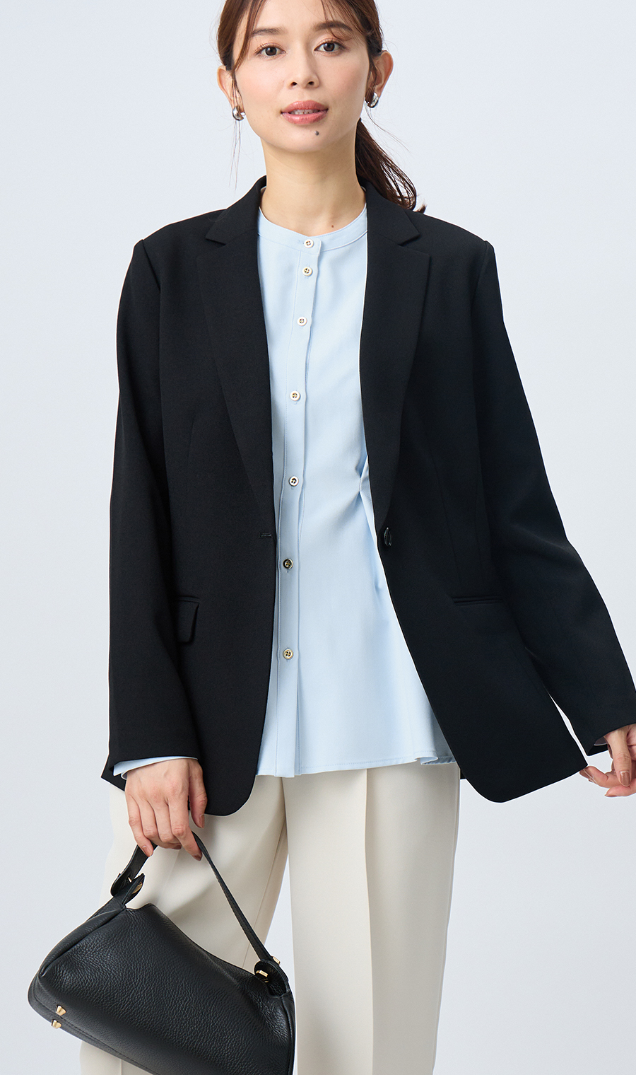 タックぺプラムブラウス【長袖】 サックス S