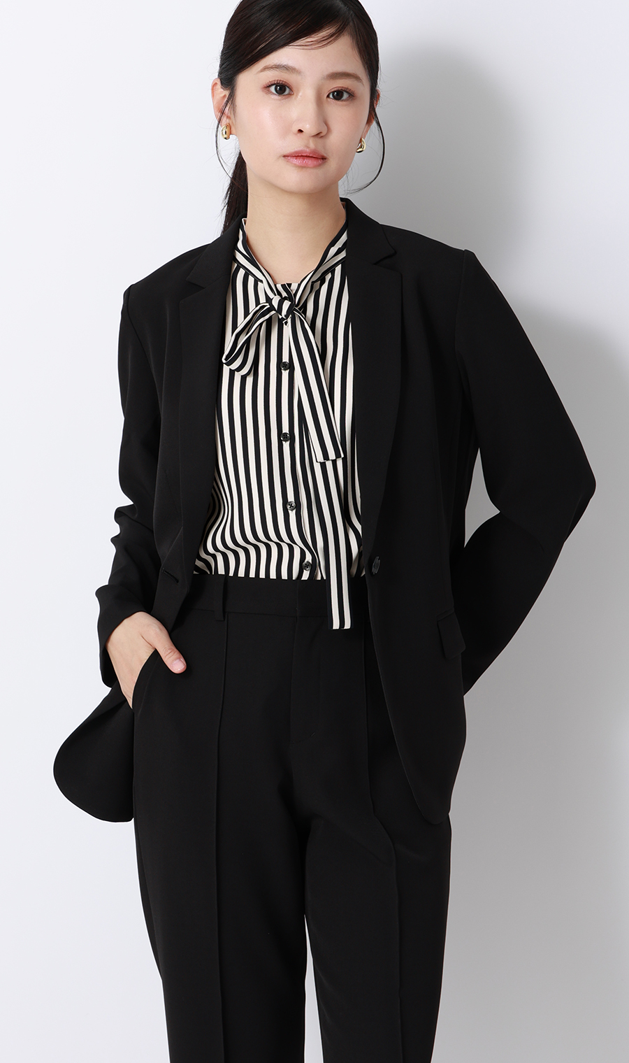 ストライプボウタイブラウス【涼】【半袖】 ネイビー M