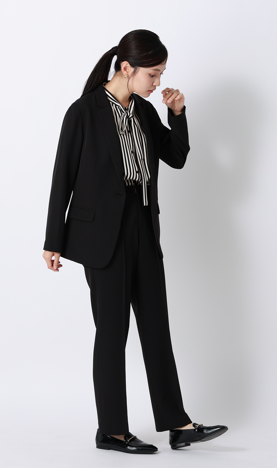 ストライプボウタイブラウス【涼】【半袖】 ネイビー M