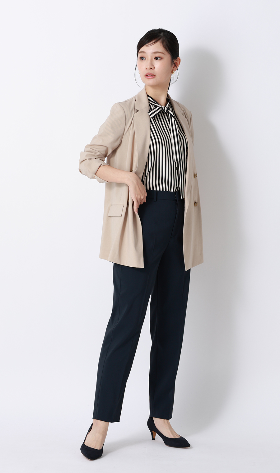 ストライプボウタイブラウス【涼】【半袖】 ネイビー M