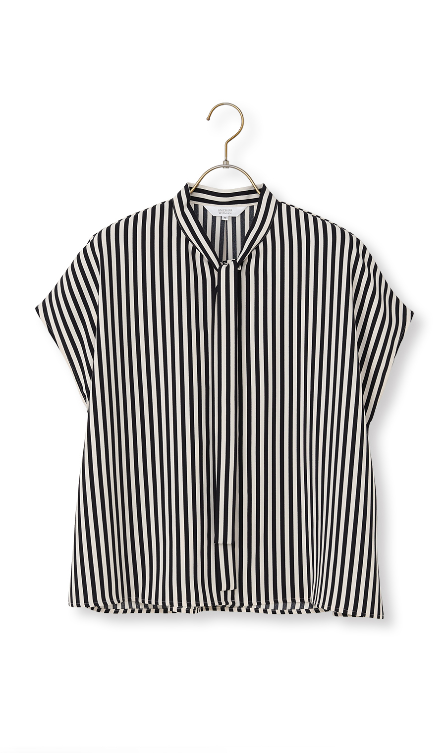 ストライプボウタイブラウス【涼】【半袖】 ネイビー M