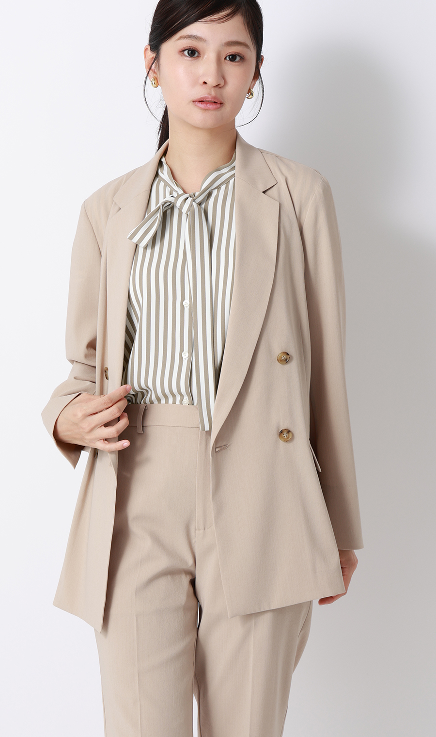 ストライプボウタイブラウス【涼】【半袖】 ベージュ M