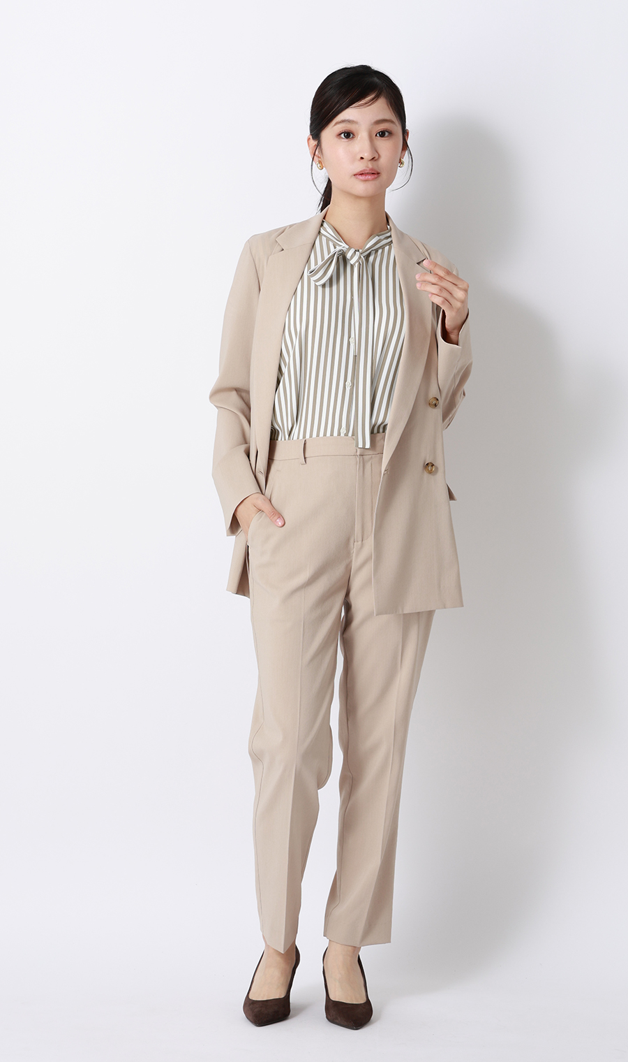 ストライプボウタイブラウス【涼】【半袖】 ベージュ M