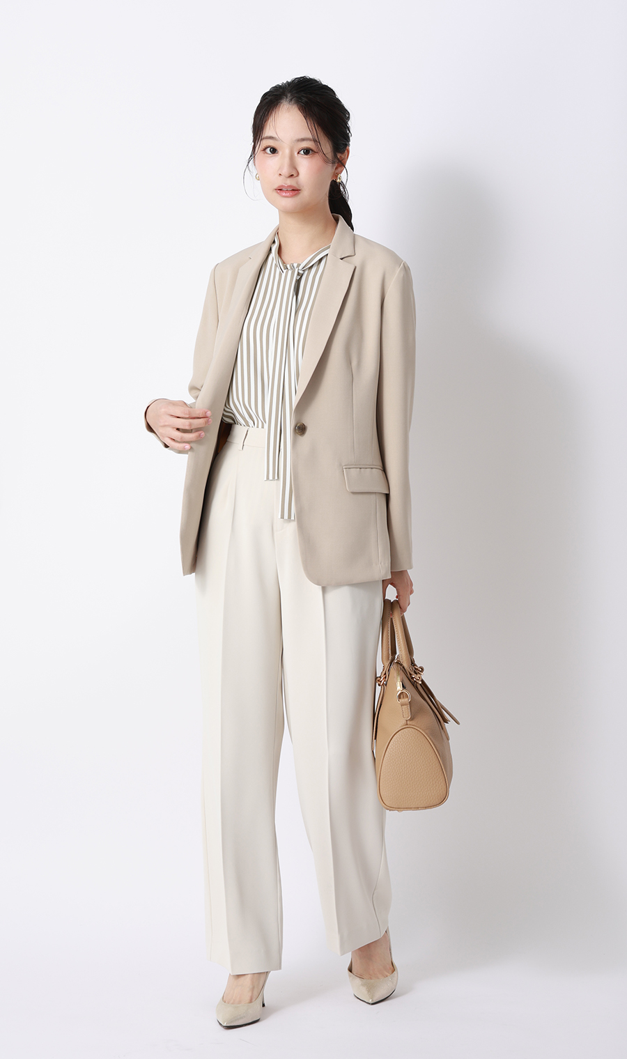 ストライプボウタイブラウス【涼】【半袖】 ベージュ M