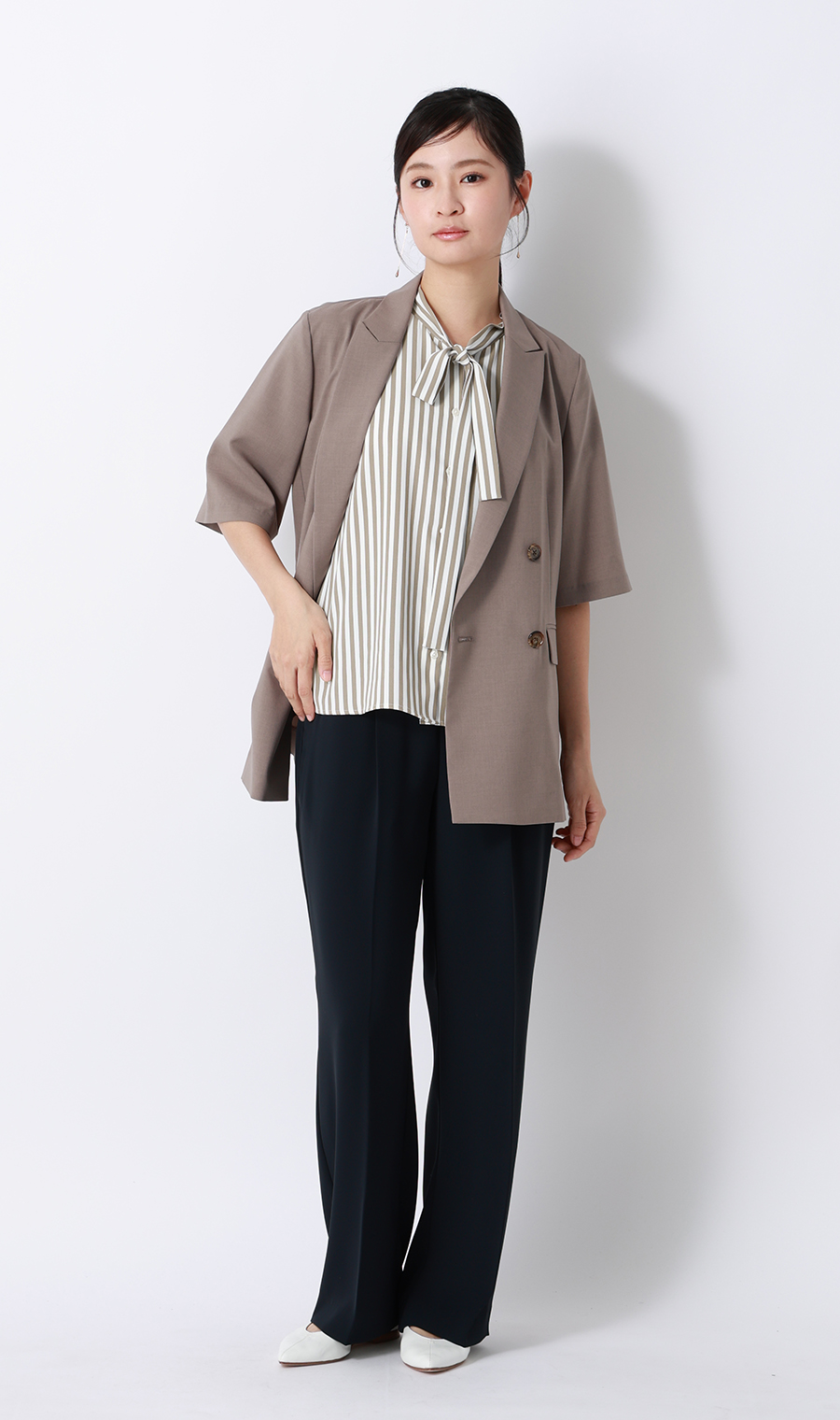 ストライプボウタイブラウス【涼】【半袖】 ベージュ M