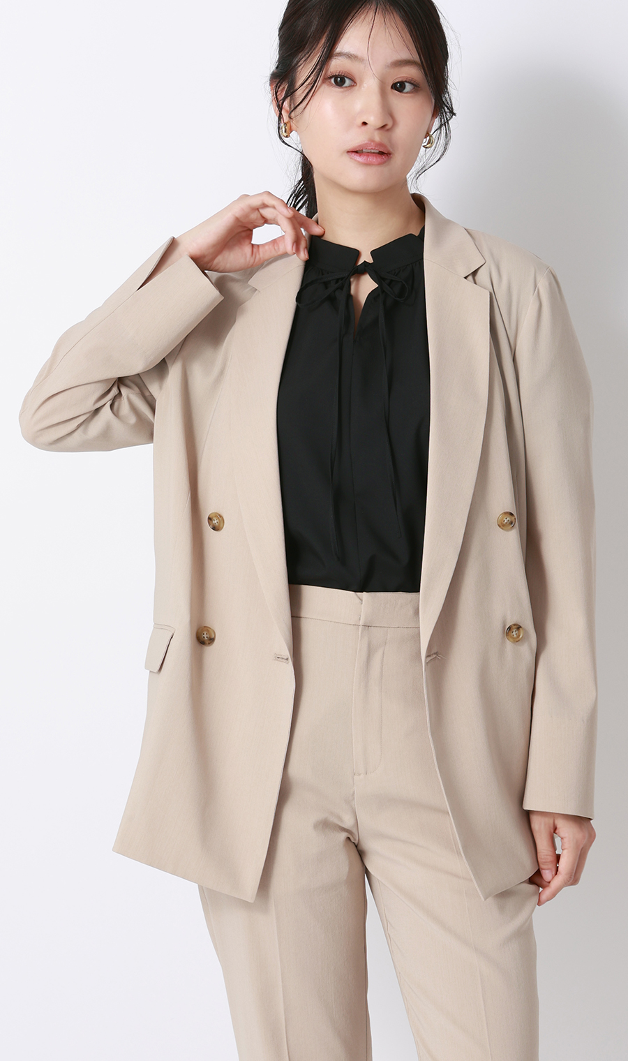 ハイネックギャザーリボンブラウス【5分袖】 ブラック M