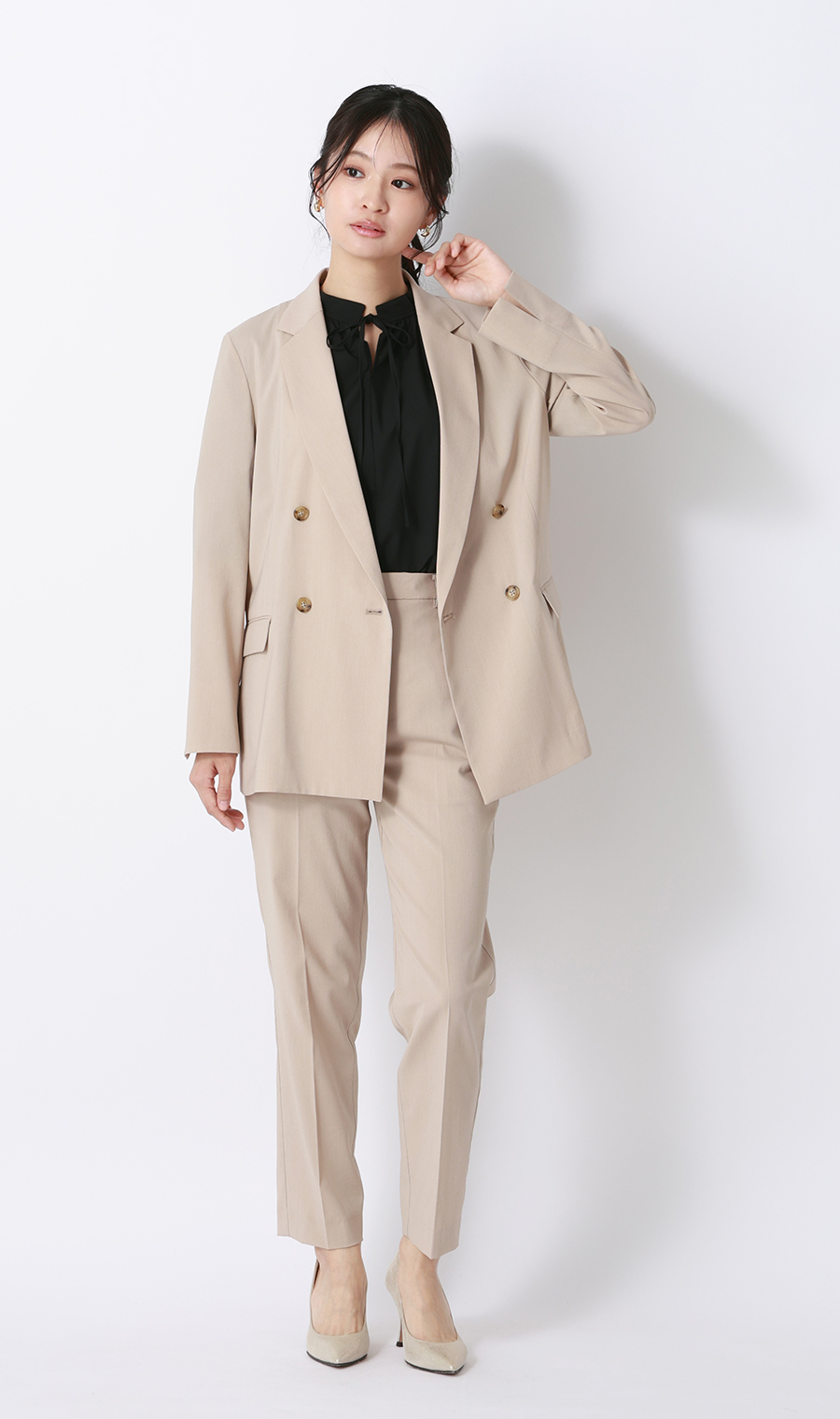 ハイネックギャザーリボンブラウス【5分袖】 ブラック M