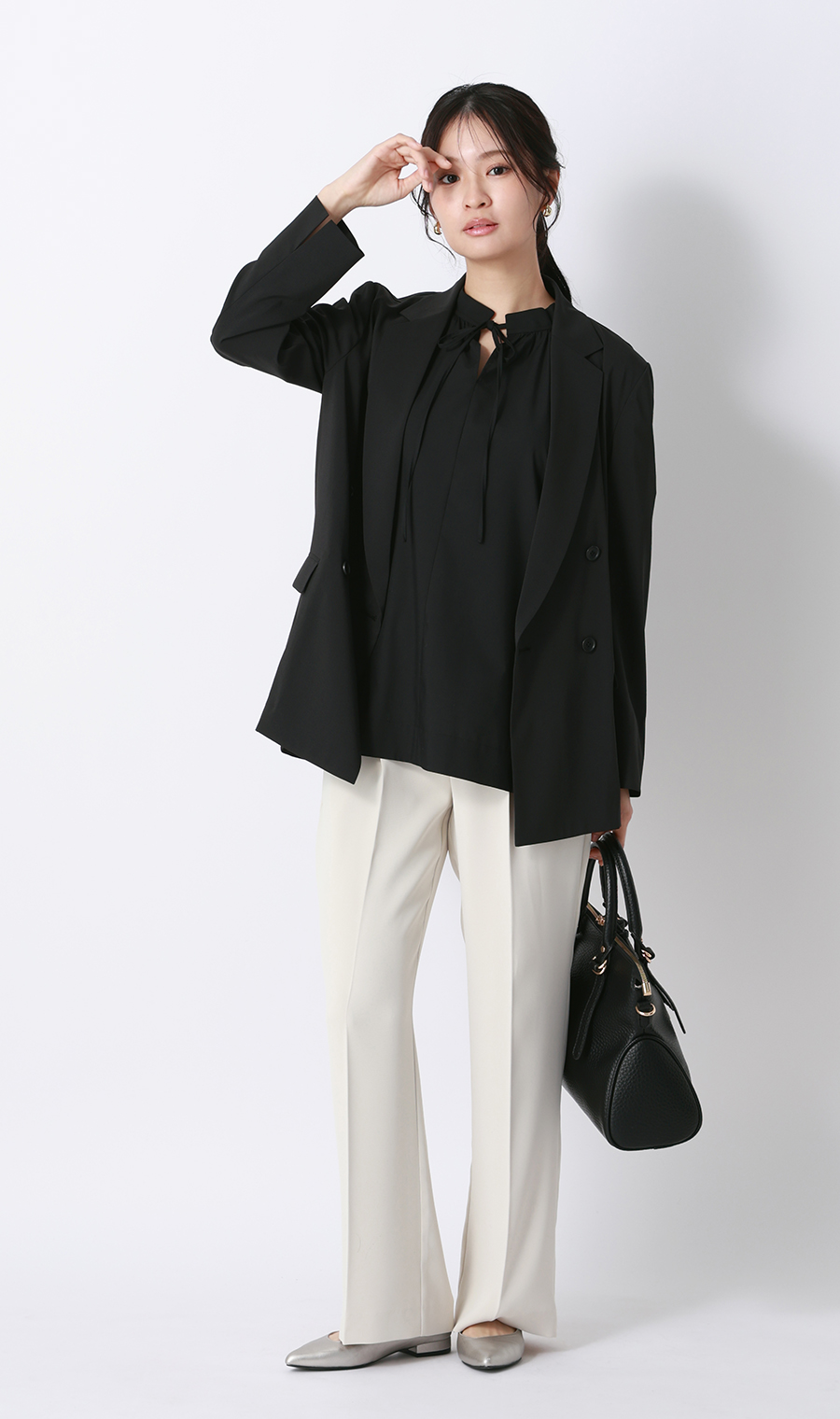 ハイネックギャザーリボンブラウス【5分袖】 ブラック M