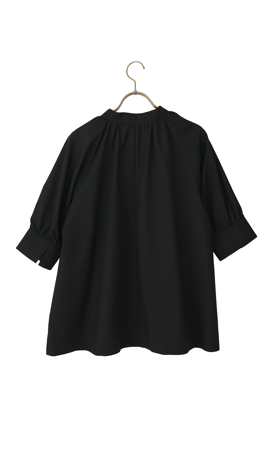 ハイネックギャザーリボンブラウス【5分袖】 ブラック M