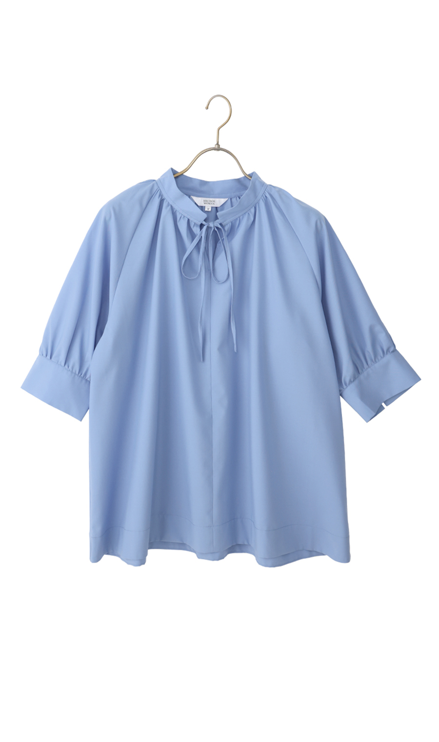 ハイネックギャザーリボンブラウス【5分袖】 ブルー M