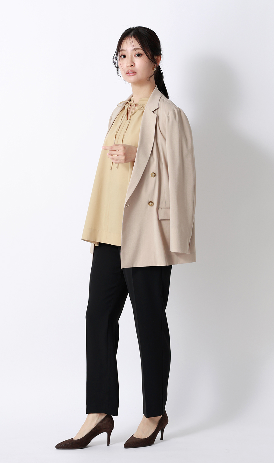 ハイネックギャザーリボンブラウス【5分袖】 ベージュ M