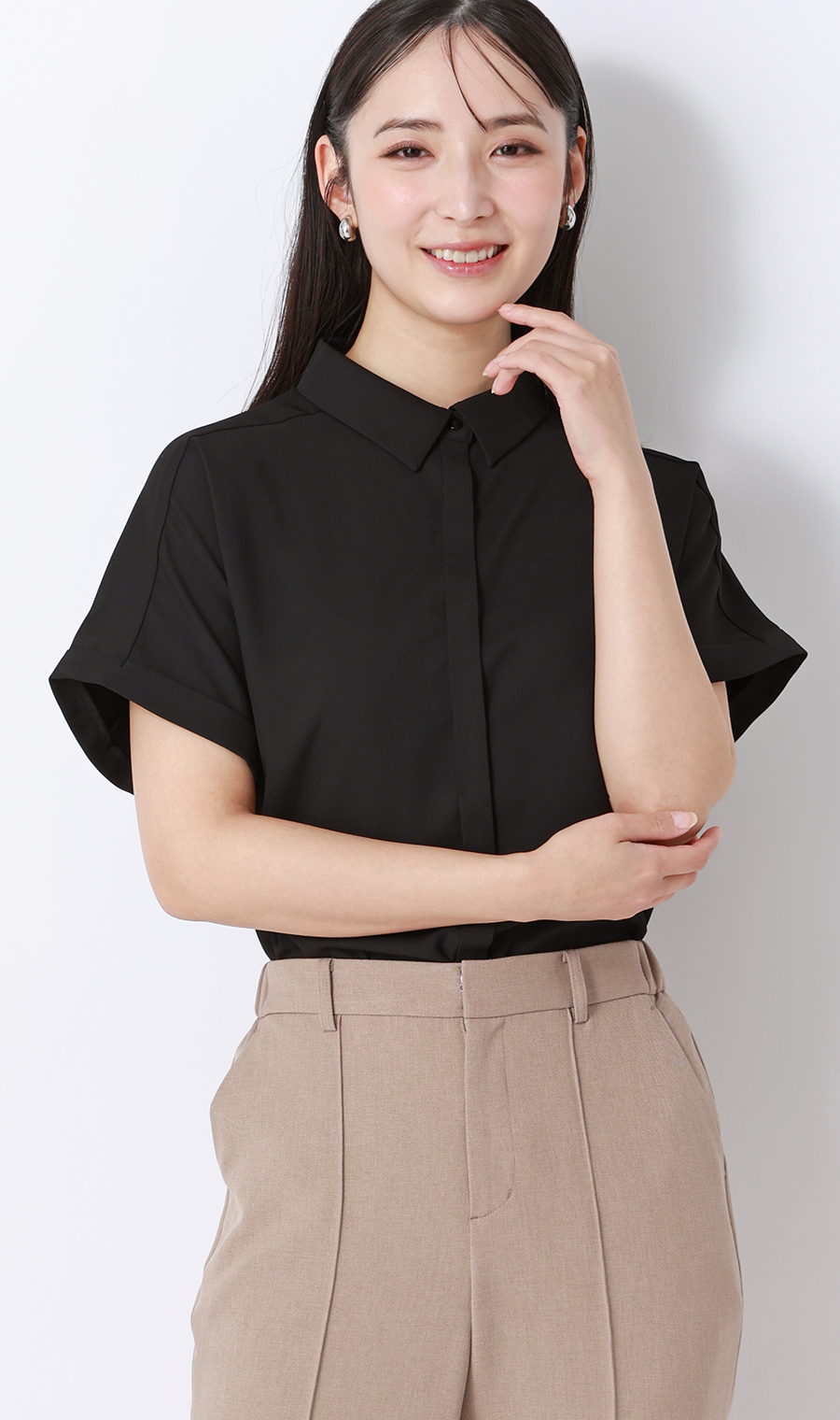 シャツカラーブラウス【半袖】 ブラック S