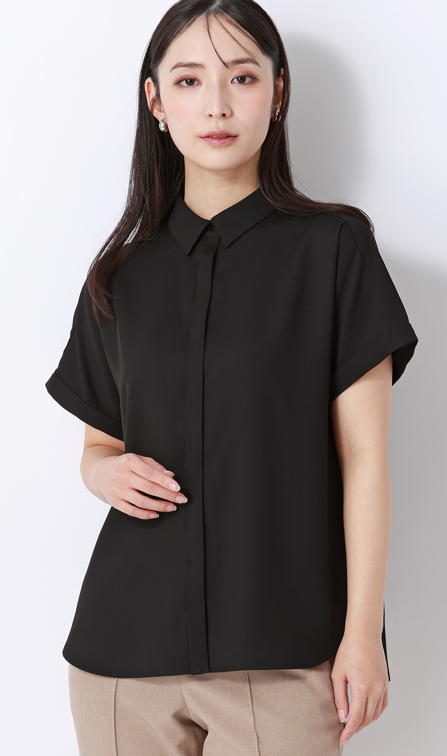 シャツカラーブラウス【半袖】 ブラック S
