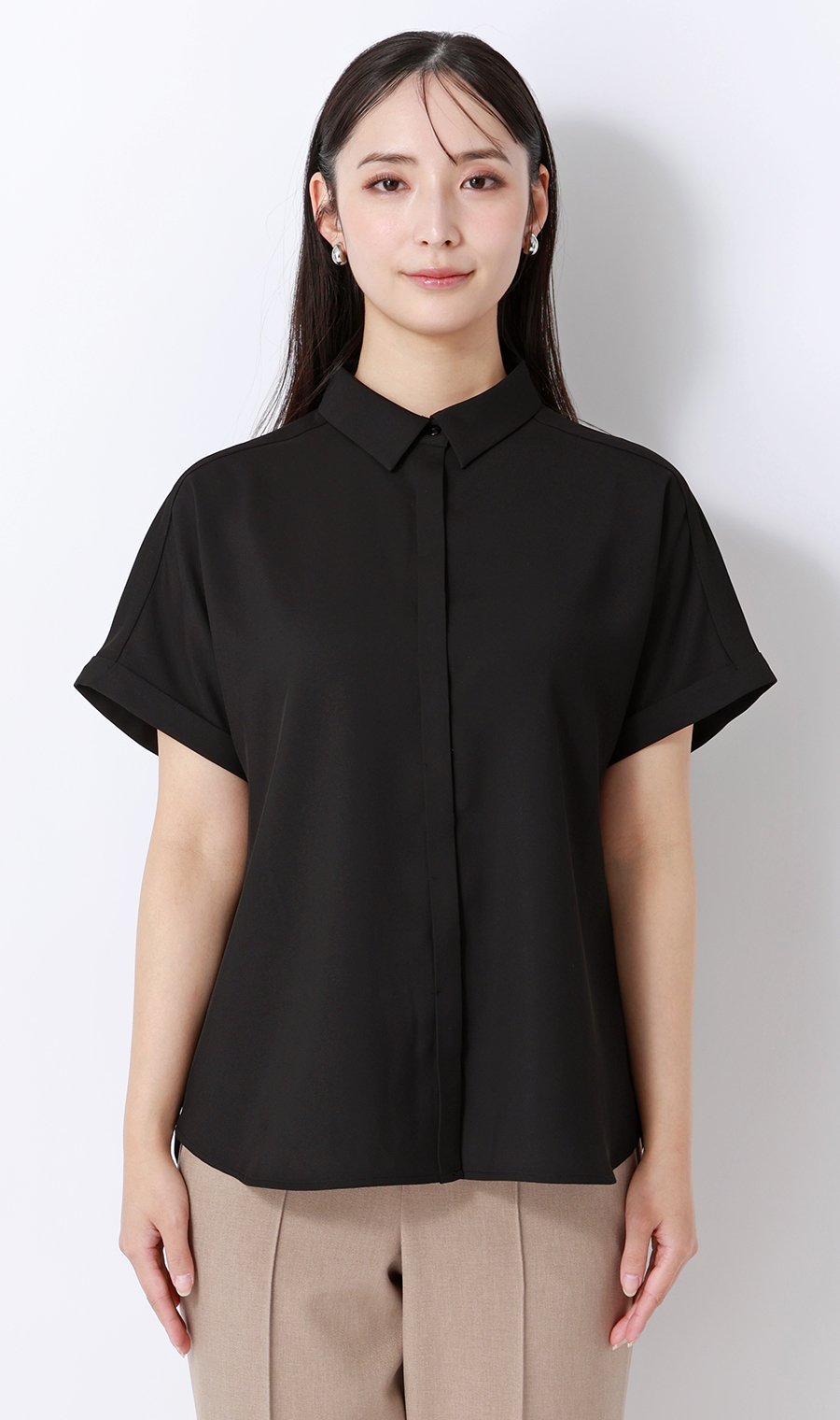 シャツカラーブラウス【半袖】 ブラック S