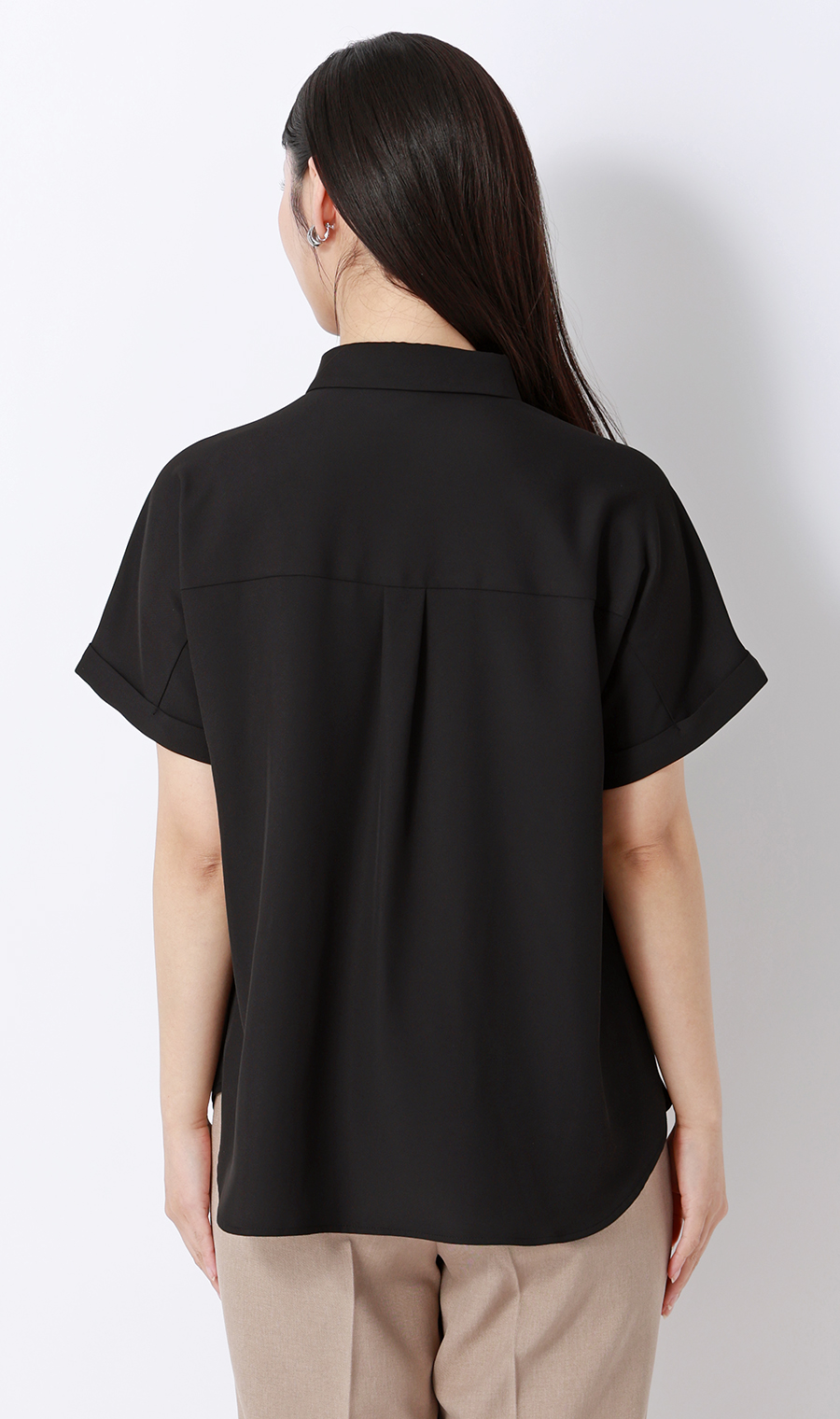 シャツカラーブラウス【半袖】 ブラック S