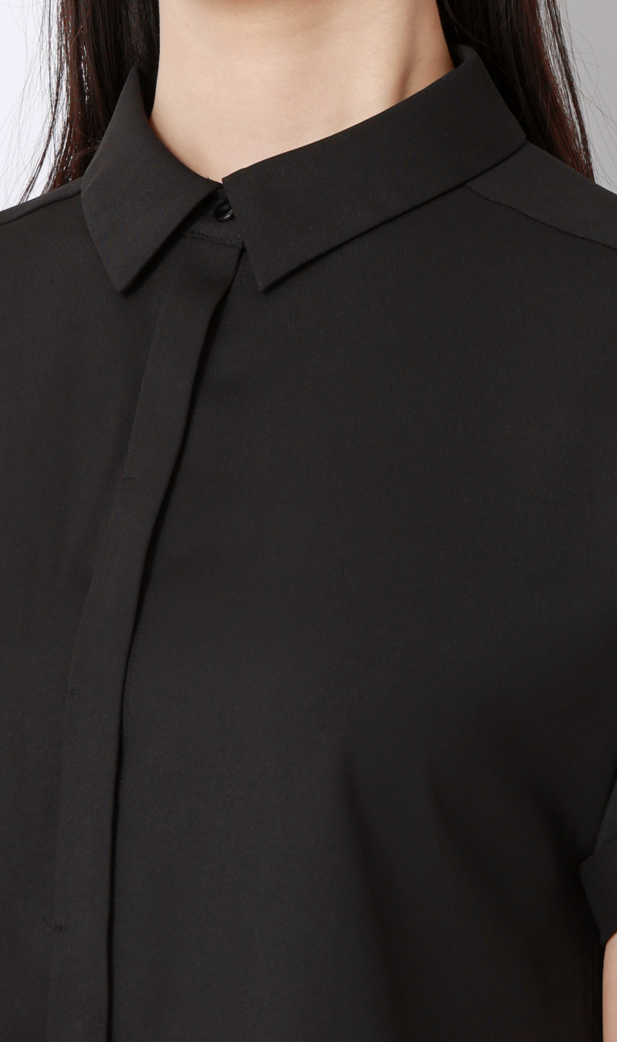 シャツカラーブラウス【半袖】 ブラック S