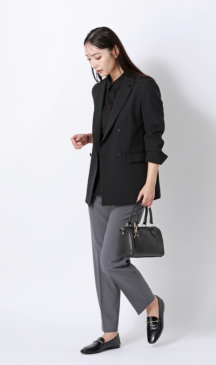 シャツカラーブラウス【半袖】 ブラック S