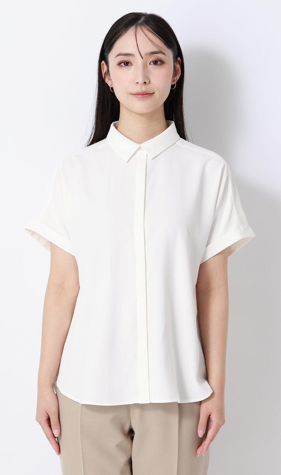 シャツカラーブラウス【半袖】 ホワイト S