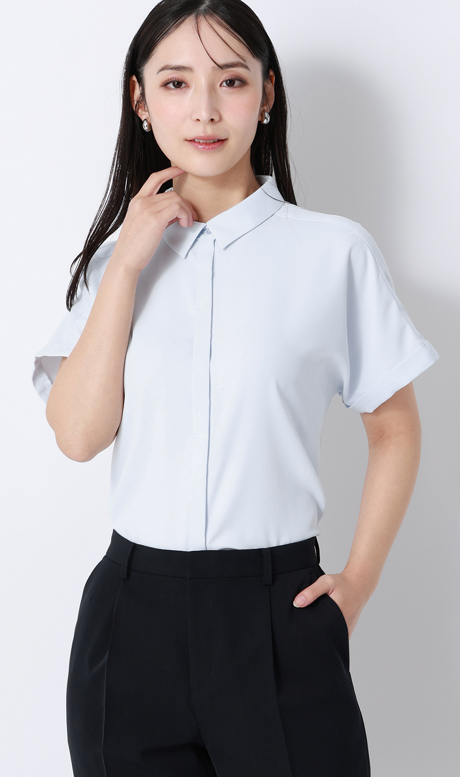 シャツカラーブラウス【半袖】 サックス S