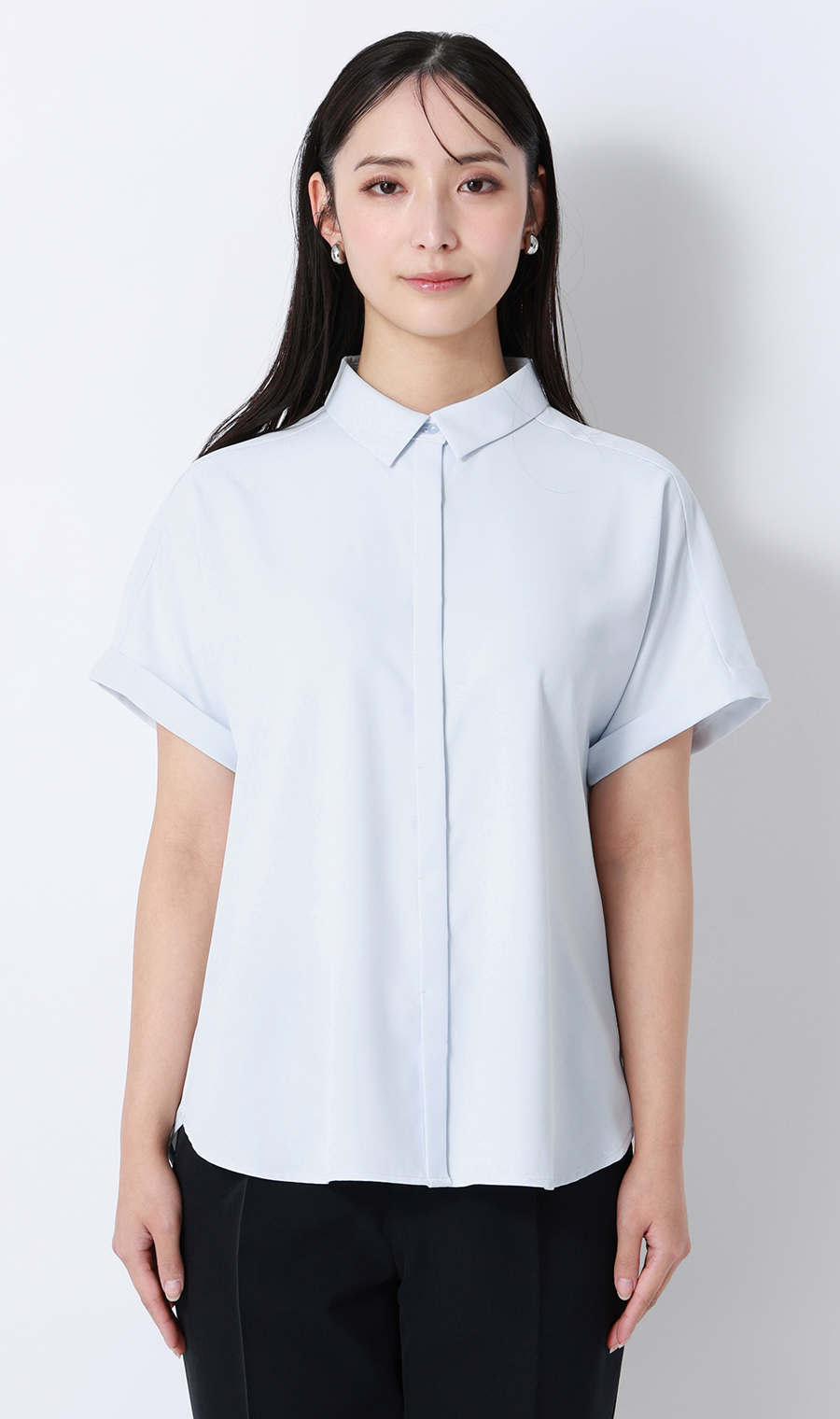 シャツカラーブラウス【半袖】 サックス S