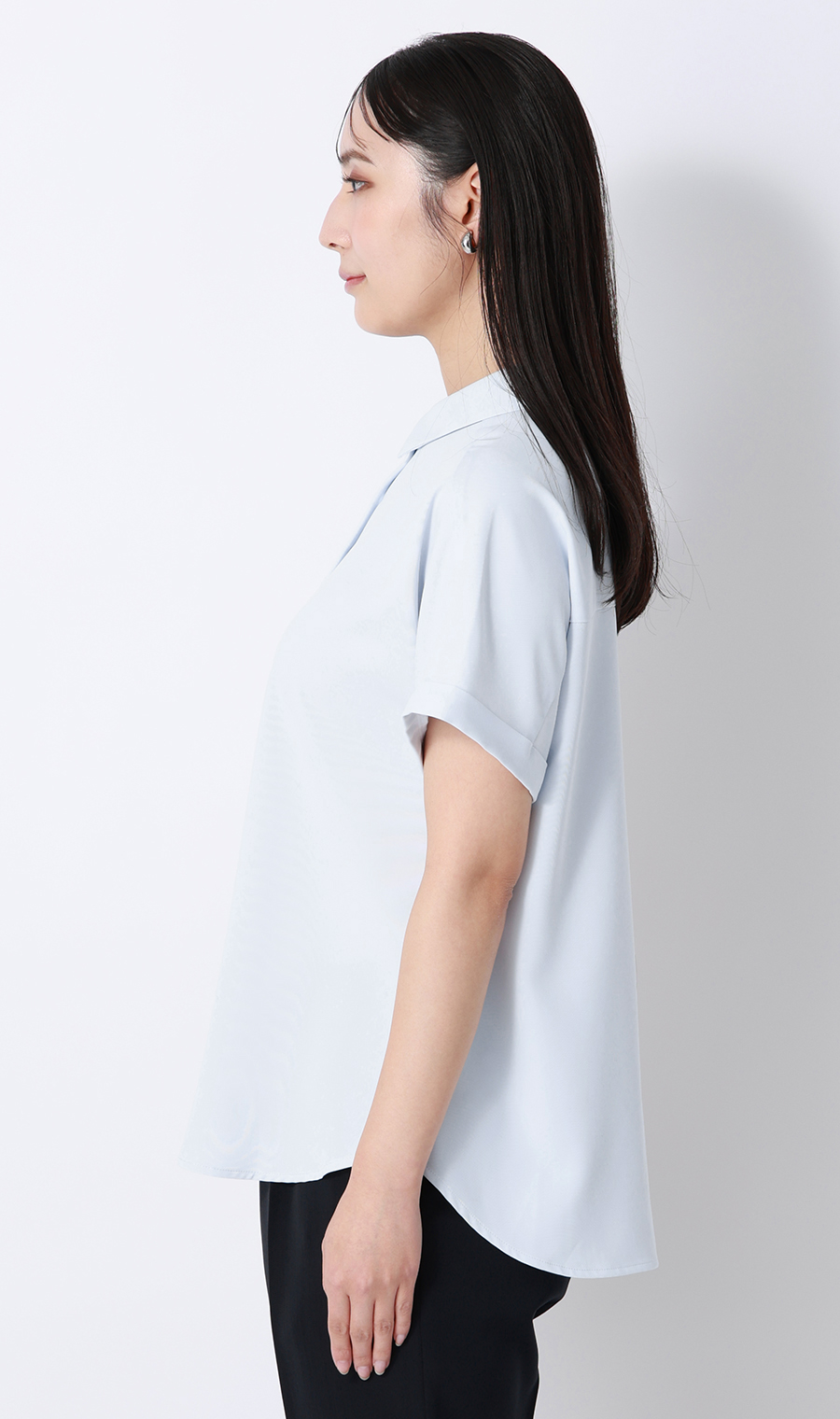 シャツカラーブラウス【半袖】 サックス S