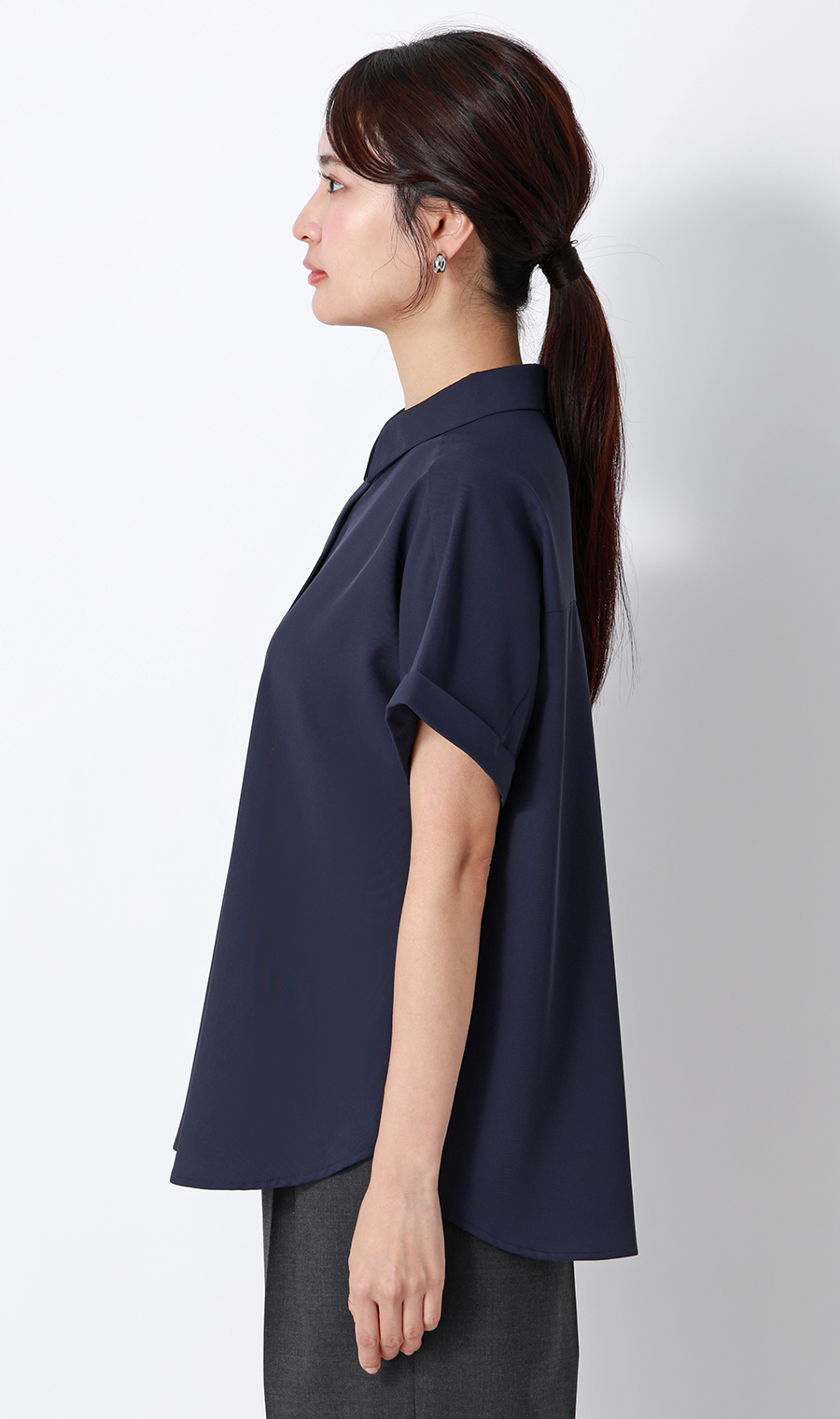 ■シャツカラーブラウス【半袖】【WEB限定】 ネイビー S