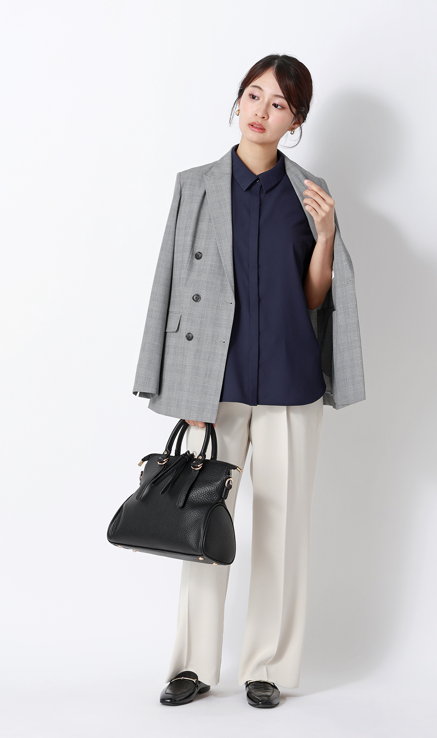 ■シャツカラーブラウス【半袖】【WEB限定】 ネイビー S