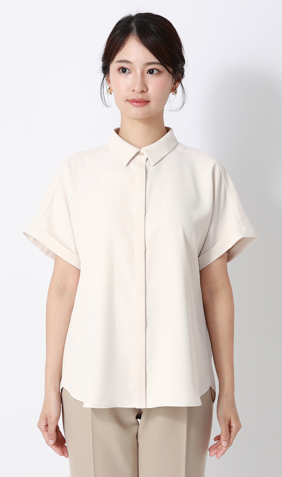 シャツカラーブラウス【半袖】 ベージュ S