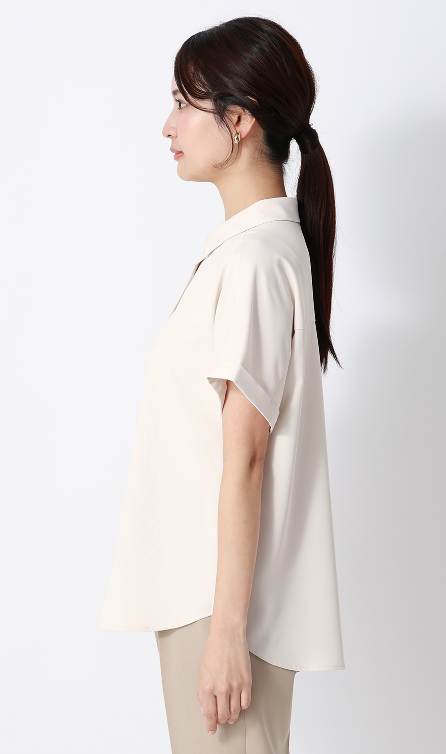 シャツカラーブラウス【半袖】 ベージュ S