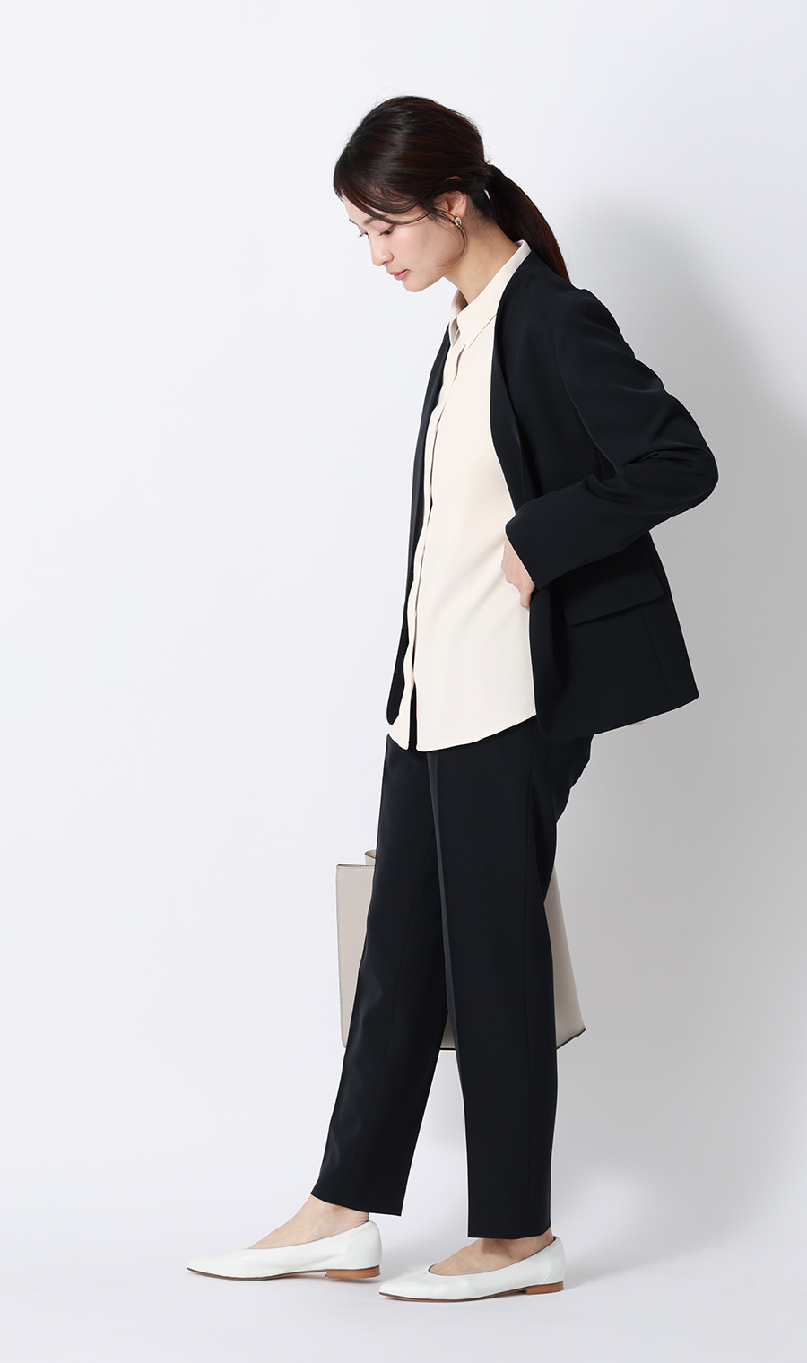 シャツカラーブラウス【半袖】 ベージュ S