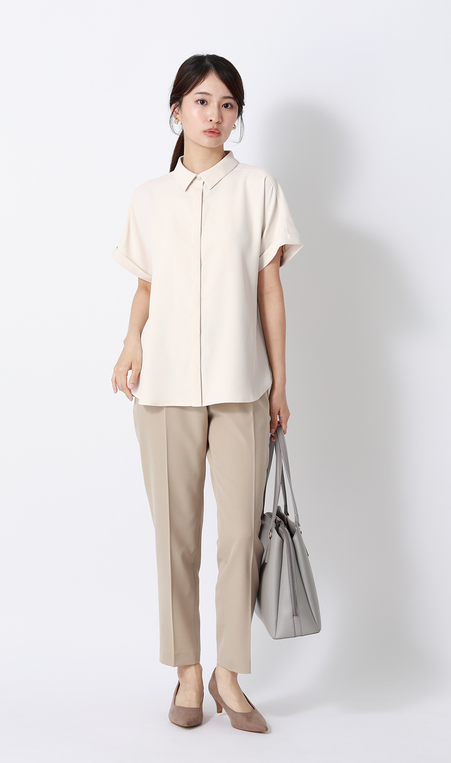 シャツカラーブラウス【半袖】 ベージュ S