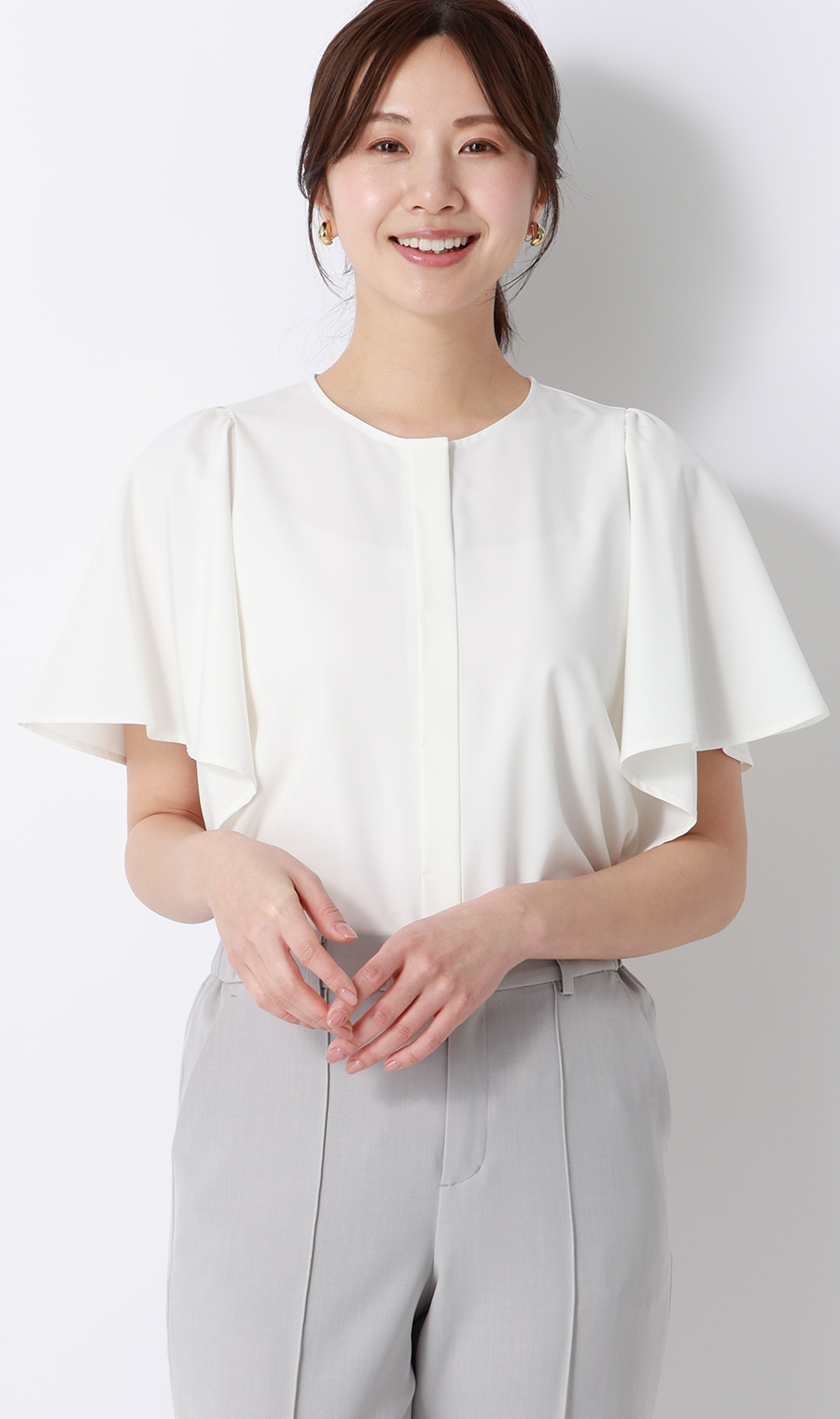 フレアスリーブブラウス【半袖】 ホワイト M