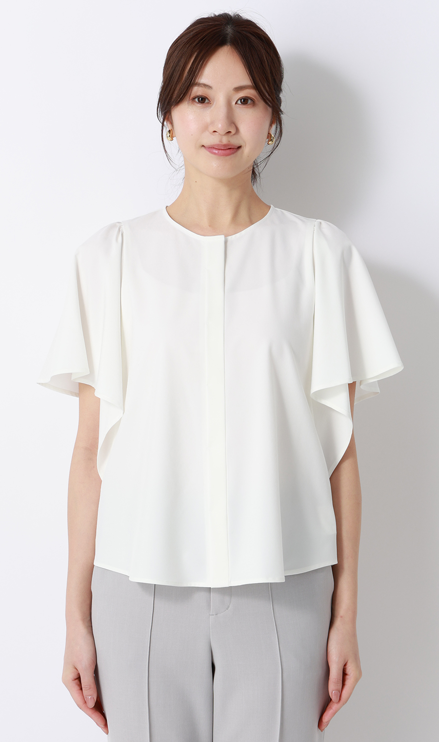 フレアスリーブブラウス【半袖】 ホワイト M