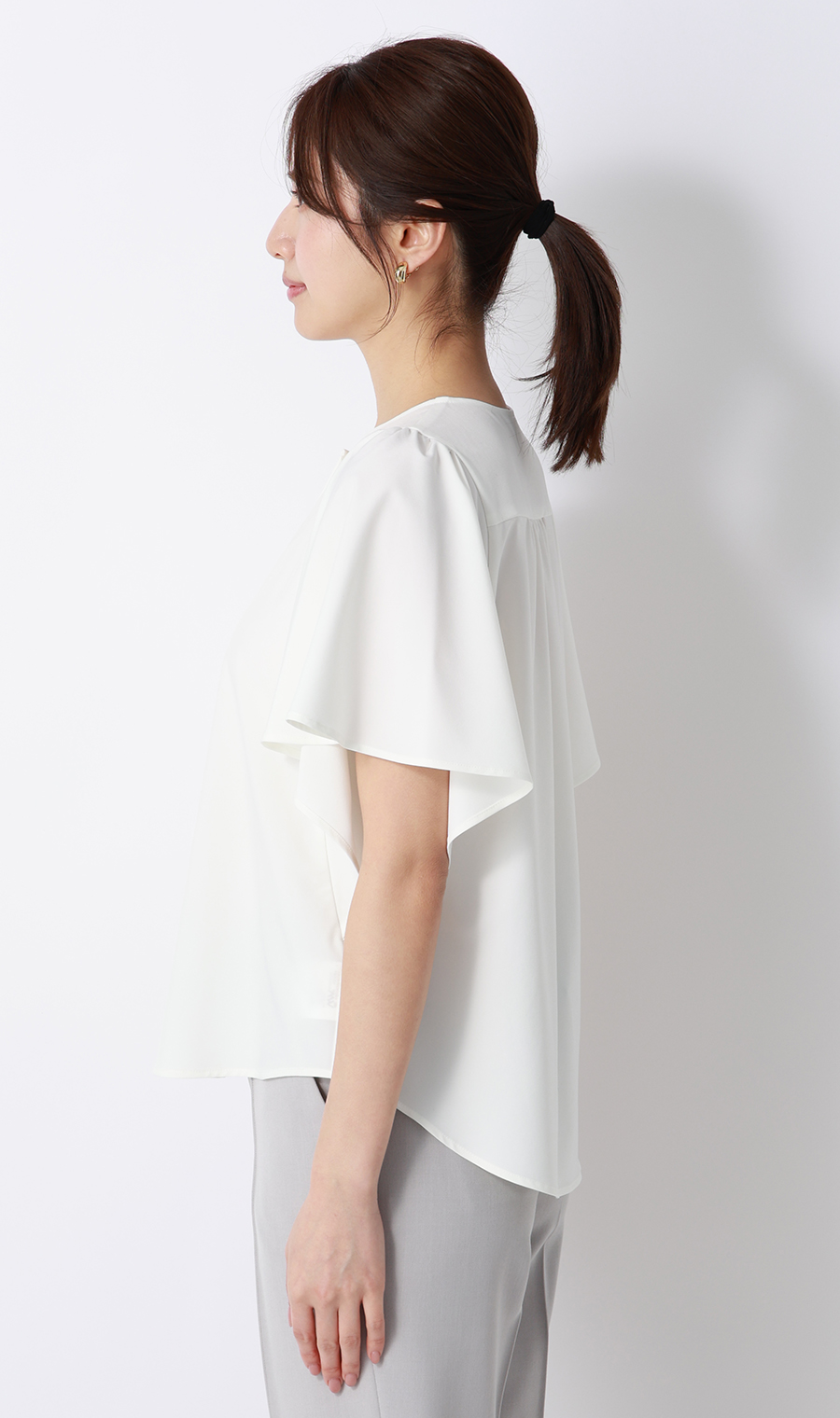 フレアスリーブブラウス【半袖】 ホワイト M