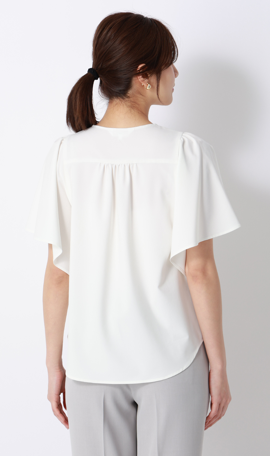 フレアスリーブブラウス【半袖】 ホワイト M