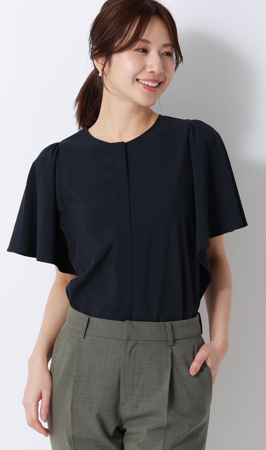 フレアスリーブブラウス【半袖】 ネイビー M