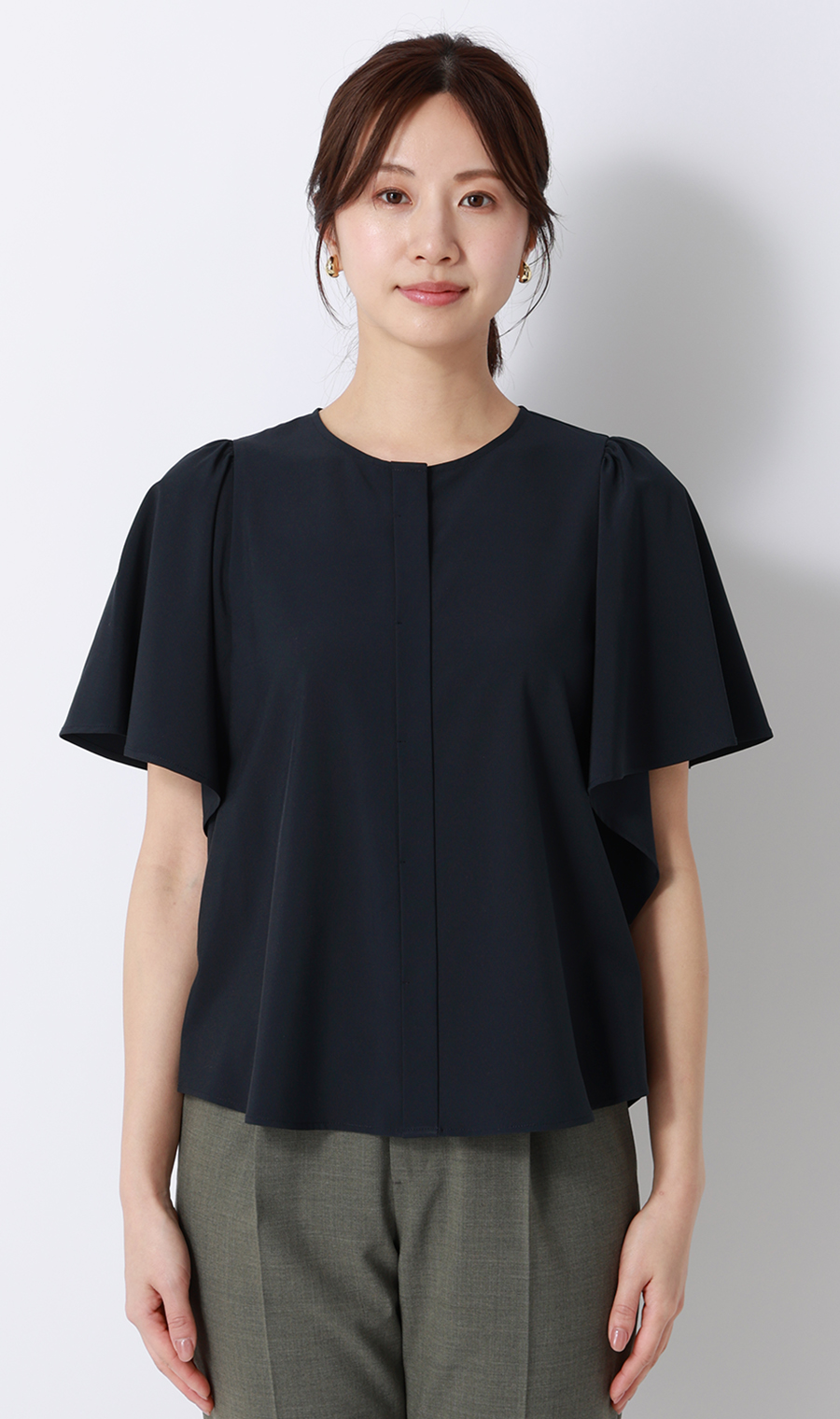 フレアスリーブブラウス【半袖】 ネイビー M