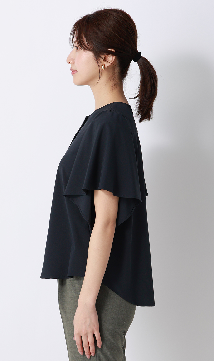 フレアスリーブブラウス【半袖】 ネイビー M