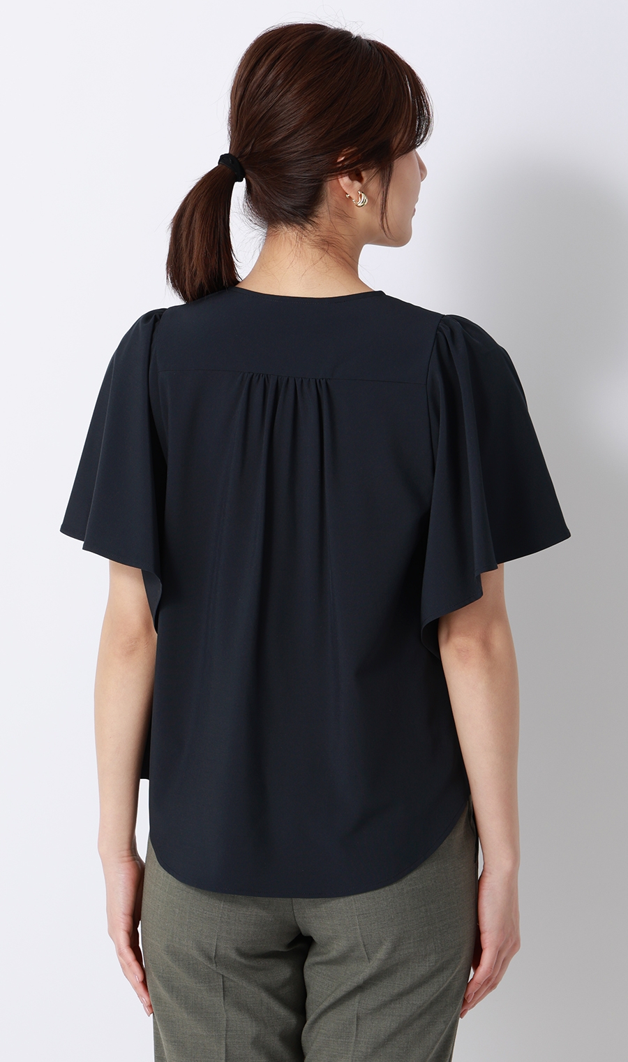 フレアスリーブブラウス【半袖】 ネイビー M