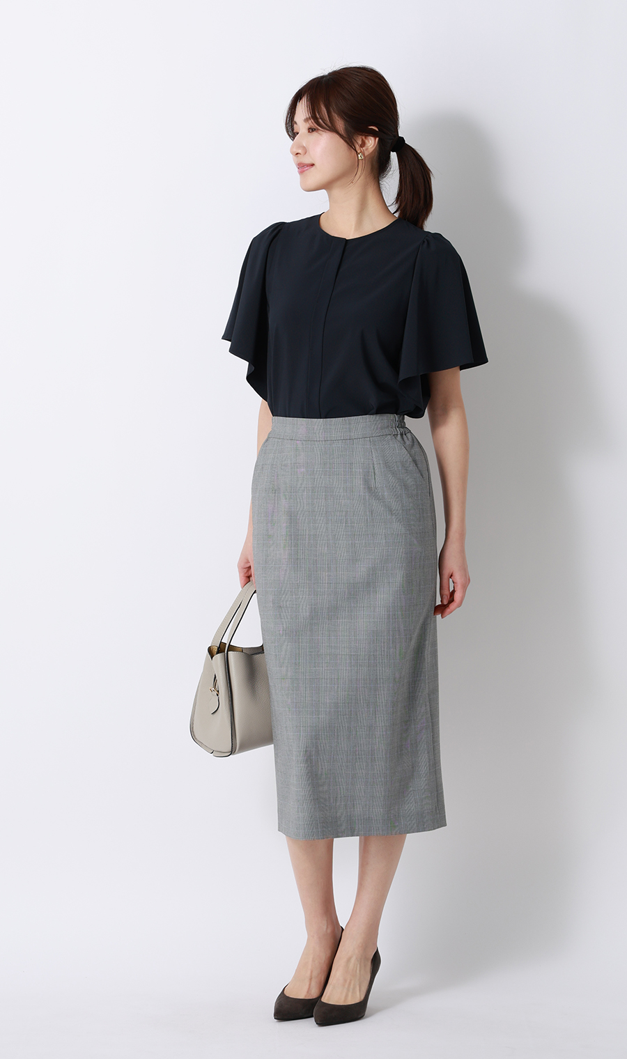 フレアスリーブブラウス【半袖】 ネイビー M