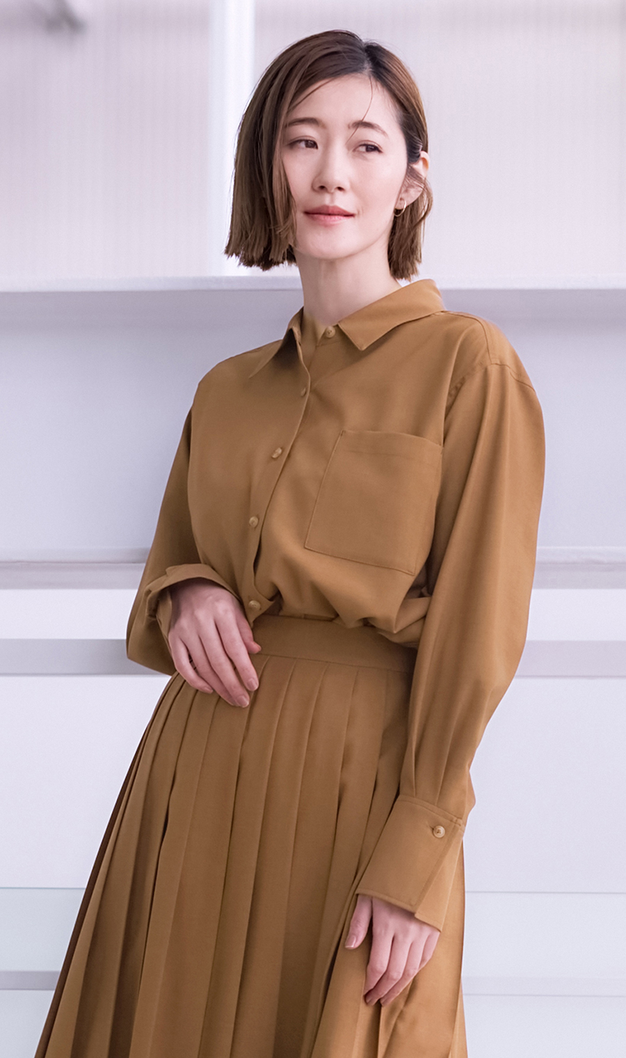 シャツブラウス【セットアップ着用可】【長袖】 ブラウン M