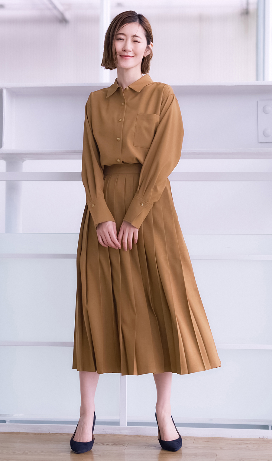 シャツブラウス【セットアップ着用可】【長袖】 ブラウン M