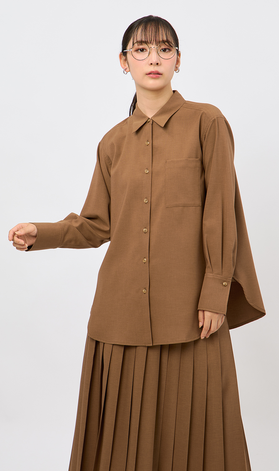 シャツブラウス【セットアップ着用可】【長袖】 ブラウン M